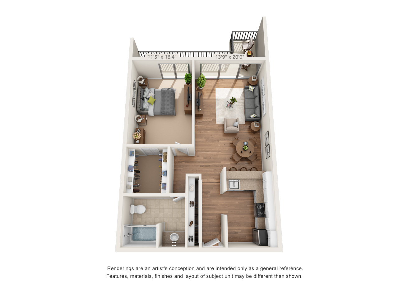Floor plan for 1 bed, 1 bath, 805 sqft